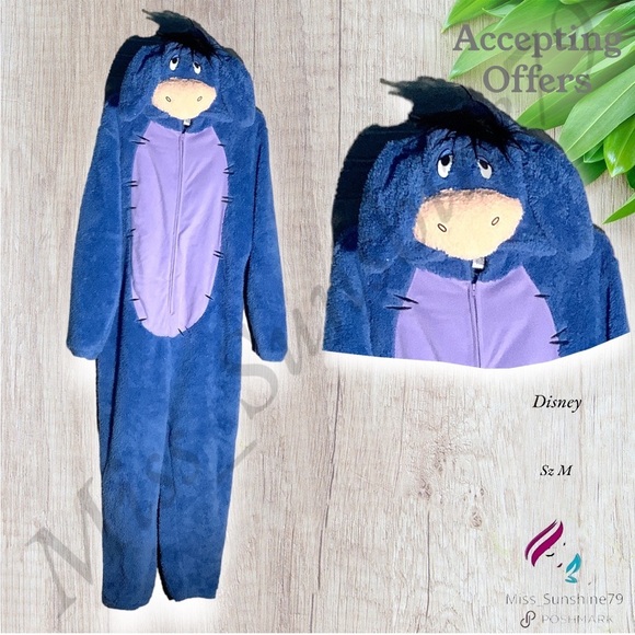 Disney Other - Disney - Sz M - plush hooded overall footless EEYORE Winnie the Pooh